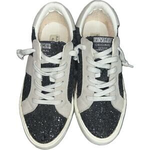 White Raven Women’s Black Glitter Gray Star Low Top Lace Up Sneaker Shoes Sz 7